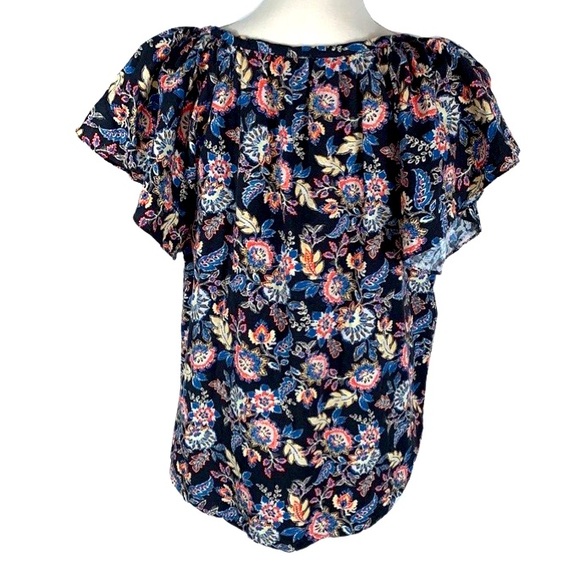 Roan + Ryan Black Floral Paisley V-neck Flutter Sleeve Top - Medium - Picture 3 of 10